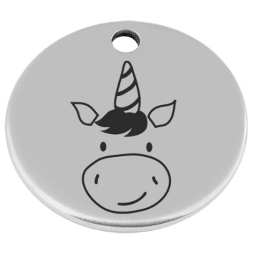 25 mm, metal pendant, round, with engraving "Unicorn", silver-plated