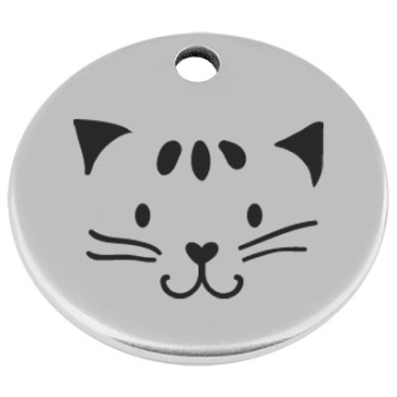 25 mm, Pendentif en métal, rond, avec gravure "chat", argenté