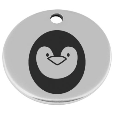 25 mm, metal pendant, round, with engraving "Penguin", silver-plated