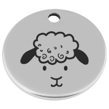 25 mm, metal pendant, round, with engraving "Sheep", silver-plated