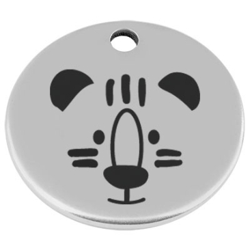 25 mm, metal pendant, round, with engraving "Tiger", silver-plated