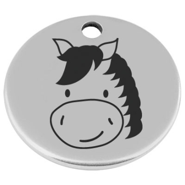 25 mm, metal pendant, round, with engraving "Horse", silver-plated