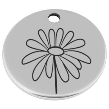 25 mm, Metallanhänger, rund, mit Gravur Geburtsblume Monat April Gänseblümchen, versilbert