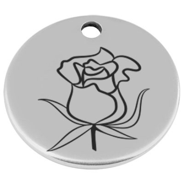 25 mm, Metallanhänger, rund, mit Gravur Geburtsblume Monat Juni Rose, versilbert