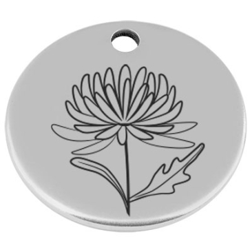 25 mm, Metallanhänger, rund, mit Gravur Geburtsblume Monat November Chrysantheme, versilbert