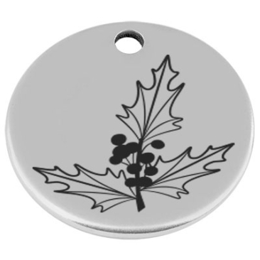 25 mm, Metallanhänger, rund, mit Gravur Geburtsblume Monat Dezember Stechpalme, versilbert