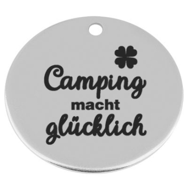 34 mm, Metallanhänger, rund, mit Gravur "Camping macht glücklich", versilbert