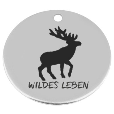 34 mm, Pendentif en métal, rond, avec gravure "Wildes Leben", argenté