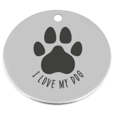 34 mm, metalen hanger, rond, met gravure "I love my dog", verzilverd