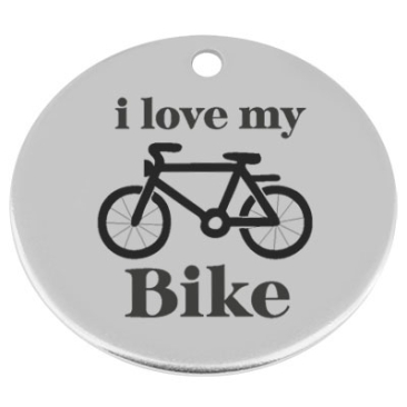 34 mm, metal pendant, round, with engraving "I love my bike", silver-plated
