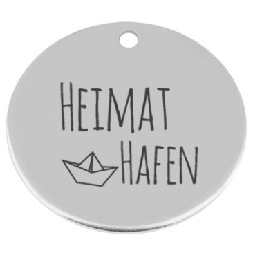 34 mm, metalen hanger, rond, met gravure "Heimathafen", verzilverd