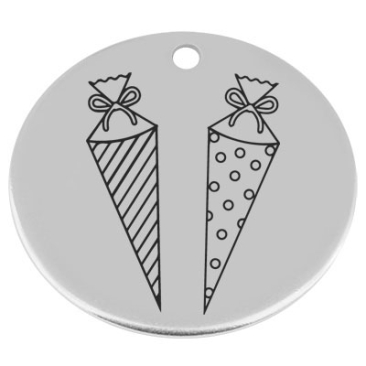 34 mm, metal pendant, round, with engraving "Schultüte", silver-plated
