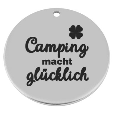 40 mm, metal pendant, round, with engraving "Camping makes you happy", silver-plated