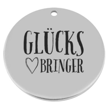 40 mm, metal pendant, round, with engraving "Glücksbringer", silver-plated