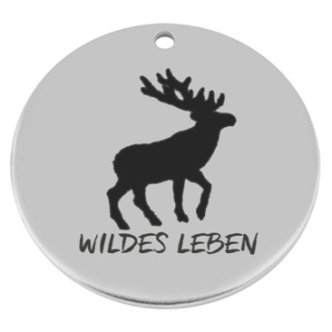 40 mm, Pendentif en métal, rond, avec gravure "Wildes Leben", argenté