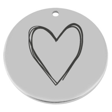 40 mm, metal pendant, round, with engraving "Heart", silver-plated