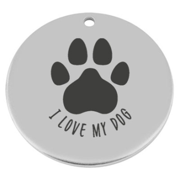 40 mm, metalen hanger, rond, met gravure "I love my dog", verzilverd