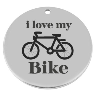 40 mm, metal pendant, round, with engraving "I love my bike", silver-plated