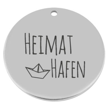 40 mm, Metallanhänger, rund, mit Gravur "Heimathafen", versilbert