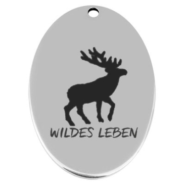 45,5 x 29 mm, pendentif en métal, ovale, avec gravure "Wildes Leben",argenté