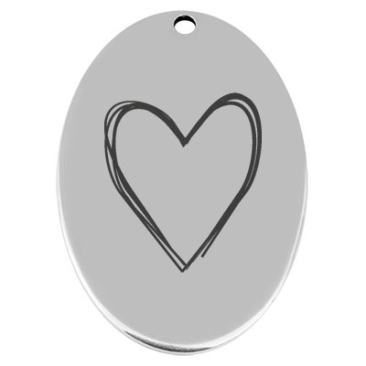 45,5 x 29 mm, pendentif en métal, ovale, avec gravure "cœur", argenté