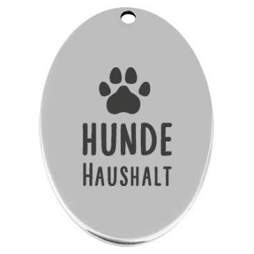 45,5 x 29 mm, metalen hanger, ovaal, met gravure "Hond huishouding", verzilverd