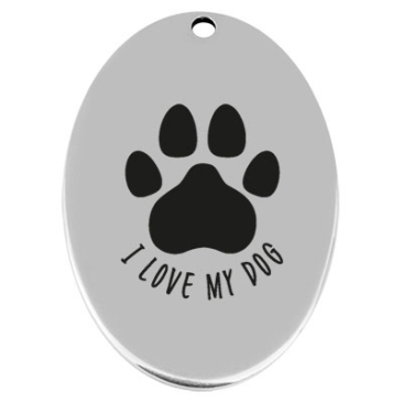 45,5 x 29 mm, pendentif en métal, ovale, avec gravure "I love my dog", argenté