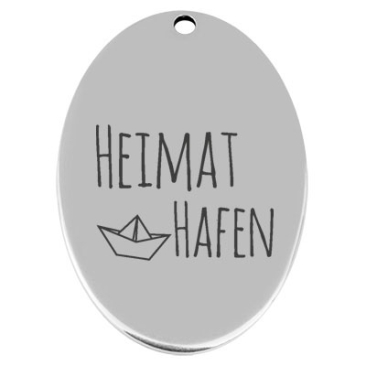 45,5 x 29 mm,Metallanhänger, oval, mit Gravur "Heimathafen", versilbert