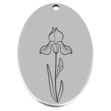 45,5 x 29 mm, Metallanhänger, oval, mit Geburtsblumengravur Monat Februar "Iris", versilbert