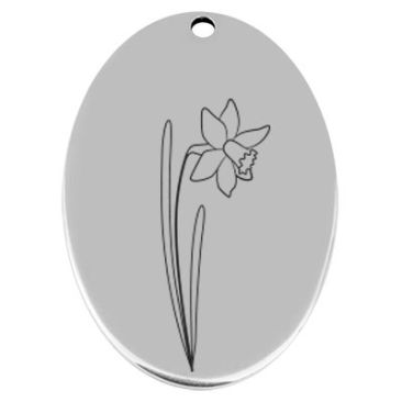 45,5 x 29 mm, Metallanhänger, oval, mit Geburtsblumengravur Monat März "Narzisse", versilbert
