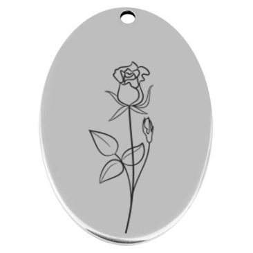 45,5 x 29 mm, Metallanhänger, oval, mit Geburtsblumengravur Monat Juni "Rose", versilbert