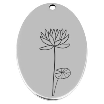 45,5 x 29 mm, Metallanhänger, oval, mit Geburtsblumengravur Monat Juli "Wasserlilie", versilbert