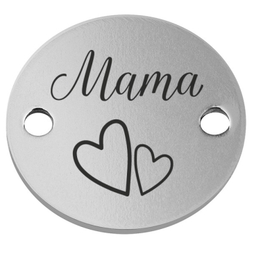 Edelstahl Coin Armbandverbinder Motiv "Mama" mit Herzen, Durchmesser 14 mm, silberfarben