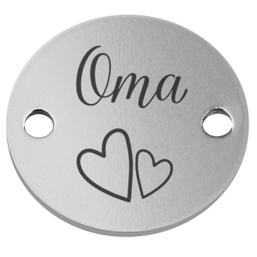 Edelstahl Coin Armbandverbinder Motiv "Oma" mit Herzen, Durchmesser 14 mm, silberfarben