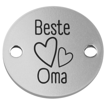 Edelstahl Coin Armbandverbinder Motiv "Beste Oma" mit Herzen, Durchmesser 14 mm, silberfarben