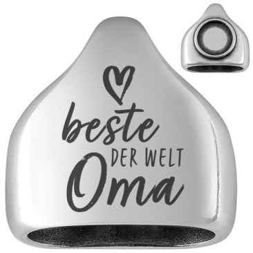 Individualisierbare Endkappe Motiv "Beste Oma der Welt" mit Fassung für runde Cabochons 12,1 mm, versilbert, für 10 mm Segeltau
