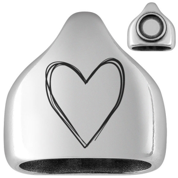 Individualisierbare Endkappe Motiv "Herz" mit Fassung für runde Cabochons 12,1 mm, versilbert, für 10 mm Segeltau