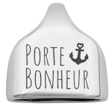 Eindkap met gravure "Porte-bonheur", 22,5 x 23 mm, verzilverd, geschikt voor 10 mm zeiltouw