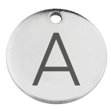 Pendentif en acier inoxydable, rond, diamètre 15 mm, motif lettre A, argenté