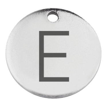 Stainless steel pendant, round, diameter 15 mm, motif letter E, silver-coloured