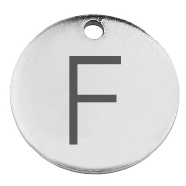 Pendentif en acier inoxydable, rond, diamètre 15 mm, motif lettre F, argenté