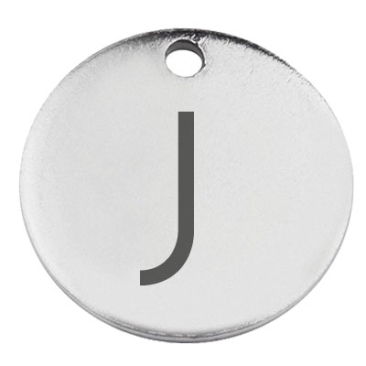 Stainless steel pendant, round, diameter 15 mm, motif letter J, silver-coloured