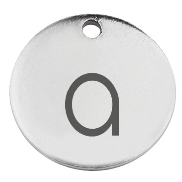 Stainless steel pendant, round, diameter 15 mm, motif letter a, silver-coloured