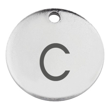 Pendentif en acier inoxydable, rond, diamètre 15 mm, motif lettre c, argenté