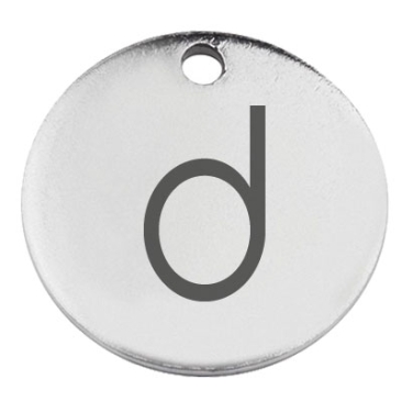 Stainless steel pendant, round, diameter 15 mm, motif letter d, silver-coloured