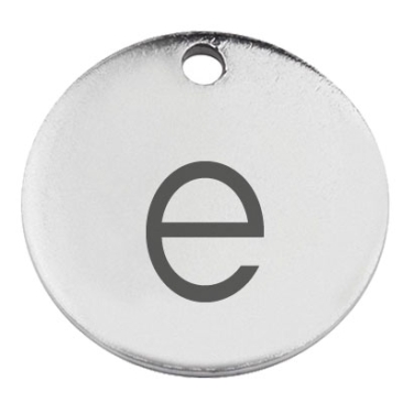 Stainless steel pendant, round, diameter 15 mm, motif letter e, silver-coloured