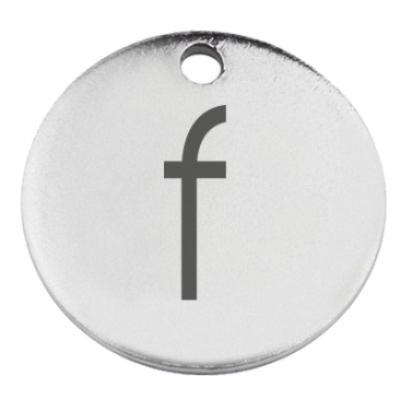 Stainless steel pendant, round, diameter 15 mm, motif letter f, silver-coloured