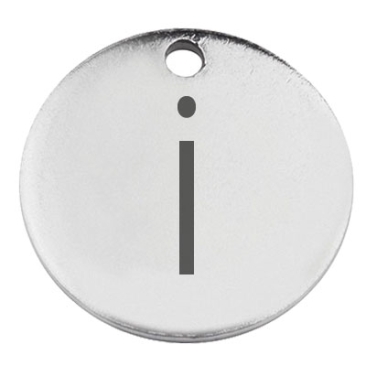 Stainless steel pendant, round, diameter 15 mm, motif letter i, silver-coloured