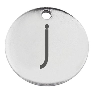 Stainless steel pendant, round, diameter 15 mm, motif letter j, silver colour