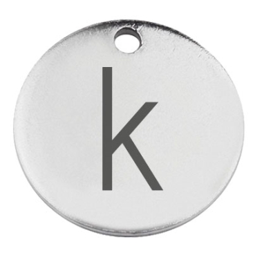Pendentif en acier inoxydable, rond, diamètre 15 mm, motif lettre k, argenté